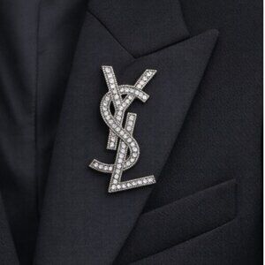 YSL Crystal Logo Brooch Silver Rhinestone Pin Statement Luxury